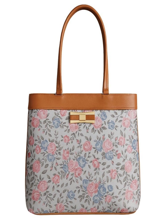 TYPIFY® Elegance Collection Women's Floral Print Tote Handbag, Faux Leather with Brown Trim, Pink and Blue Roses Pattern, Metal Bow Detail | Spacious Shoulder Bag for Office, College & Daily Use |Gift - Image 1